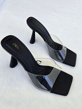 Zara Clear Strap Square Toe Heeled Mules – Size 38 (US 7.5/8)